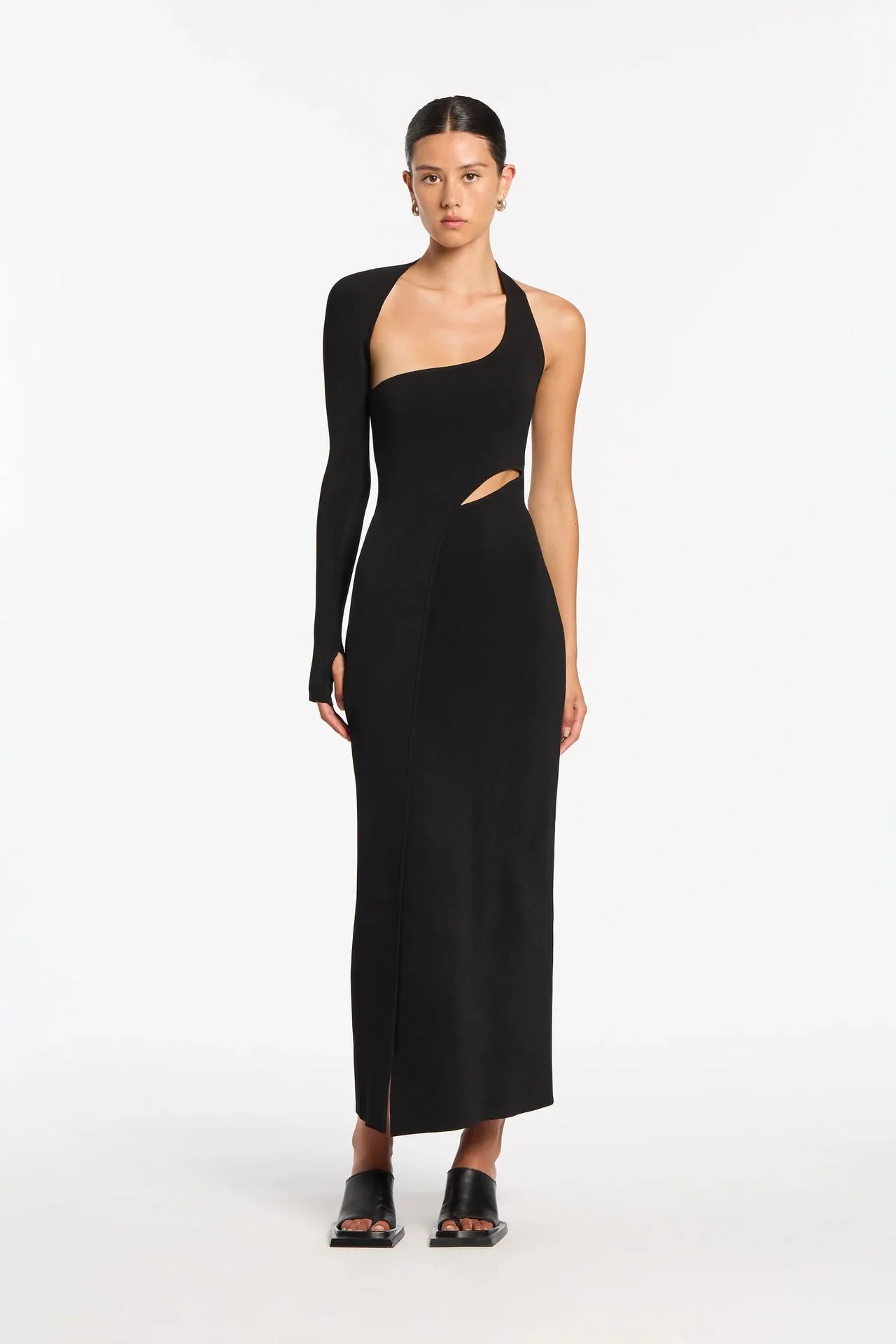 Black One-Sleeve Stretchy Maxi Dress with Front Cutout