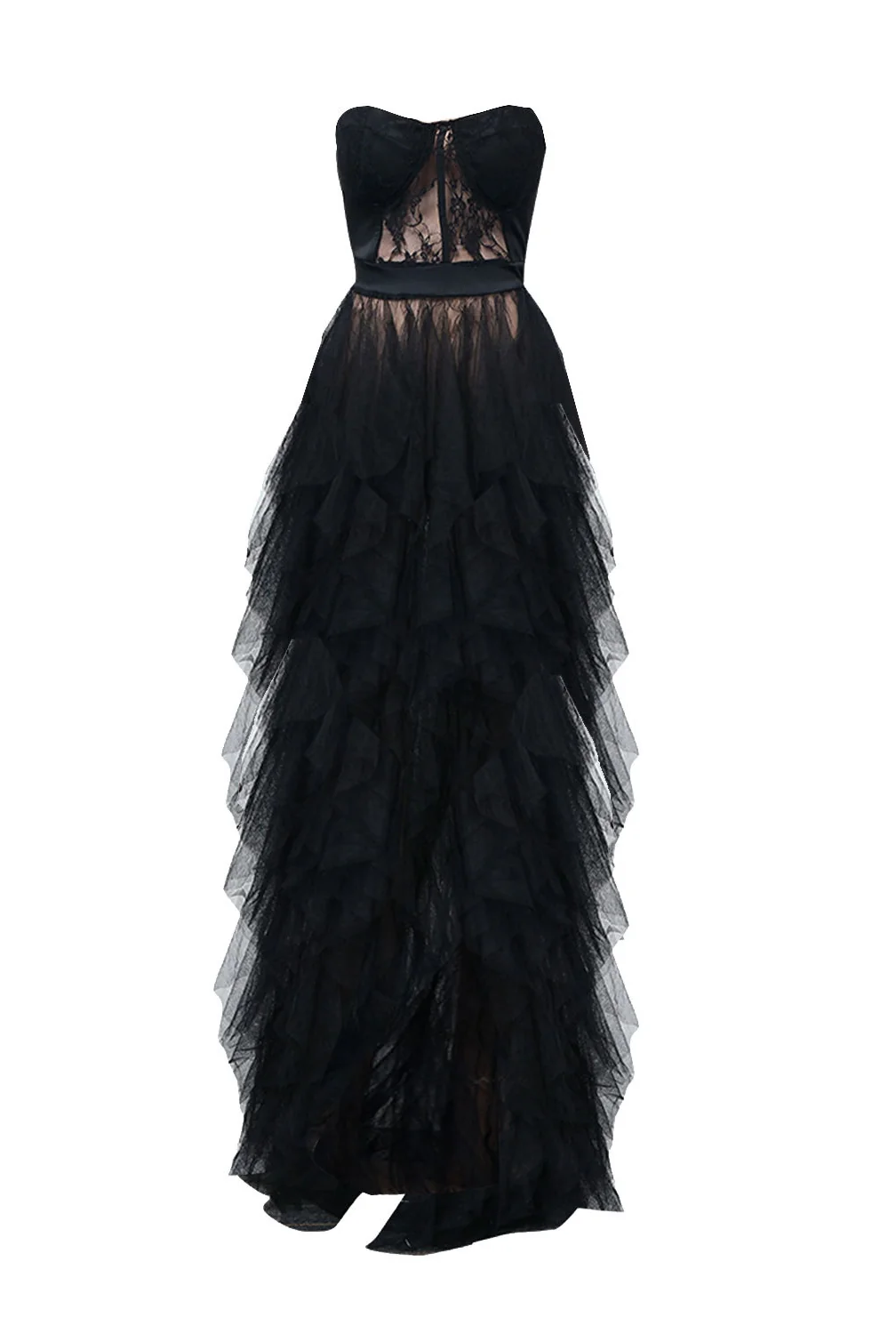 Black Tulle Maxi Prom Dress with Strapless Neckline