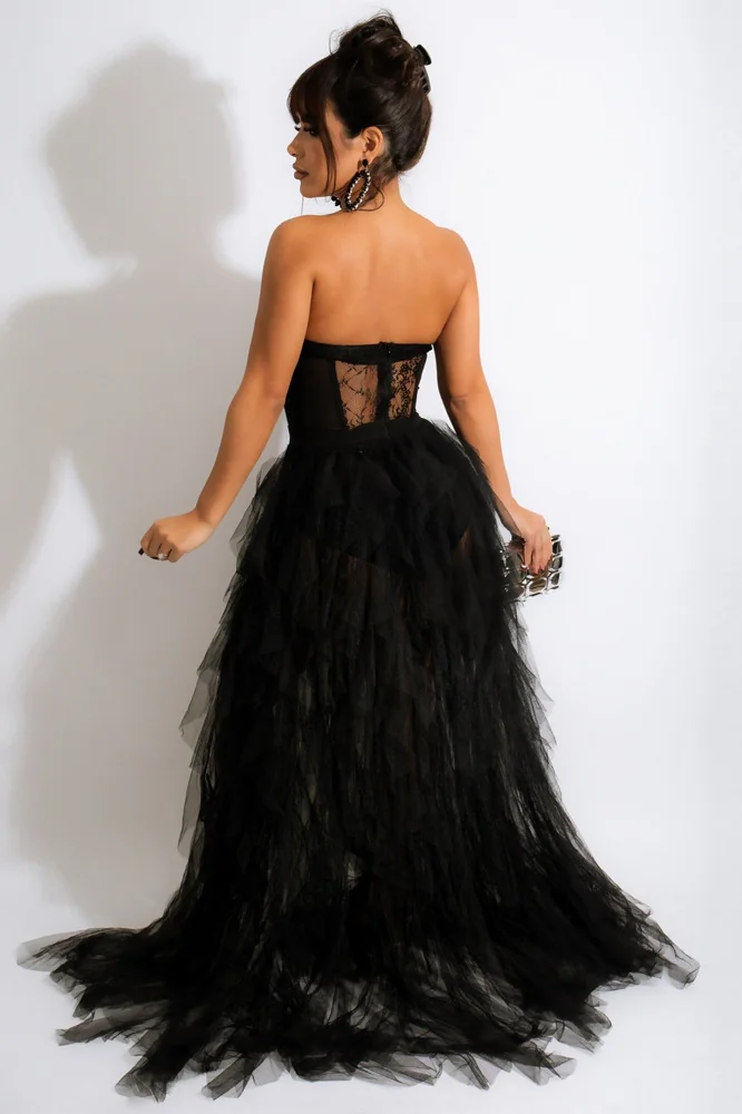 Black Tulle Maxi Prom Dress with Strapless Neckline