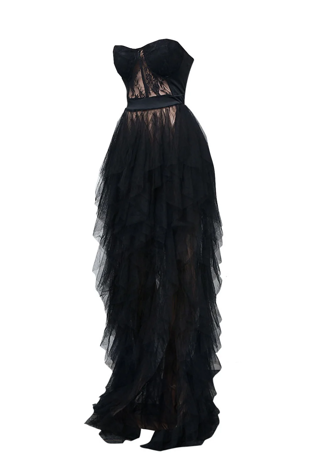 Black Tulle Maxi Prom Dress with Strapless Neckline