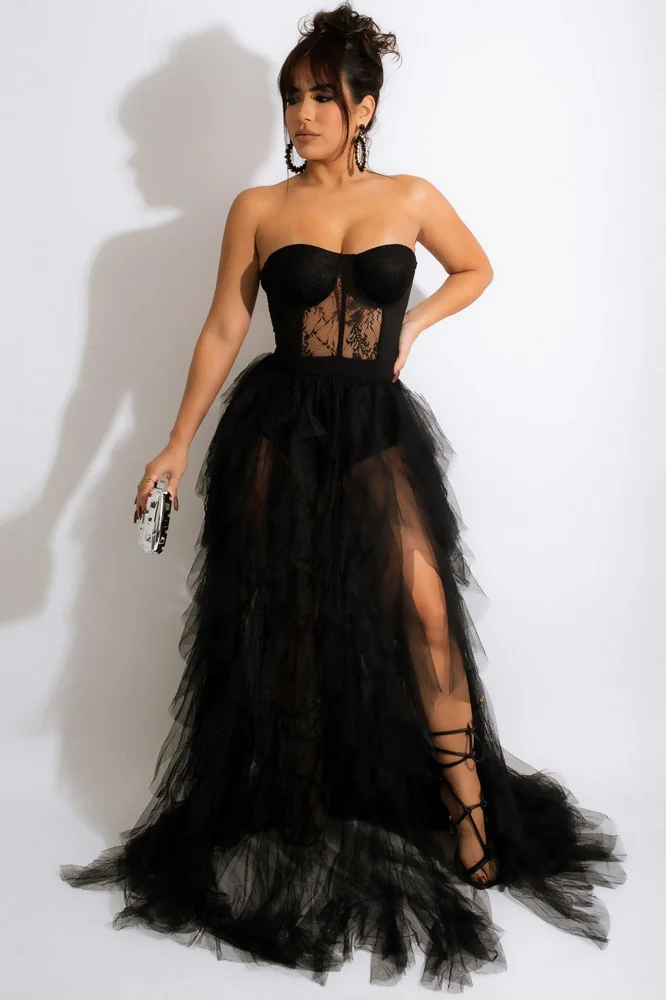 Black Tulle Maxi Prom Dress with Strapless Neckline