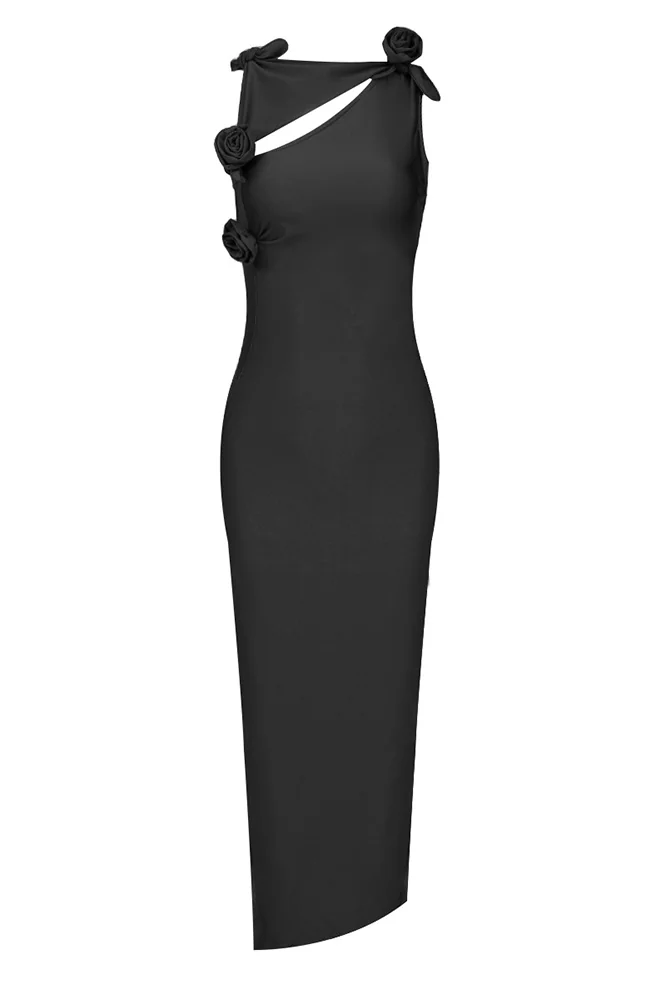 Floral Maxi Dress with Ruched Bow Detail in Black