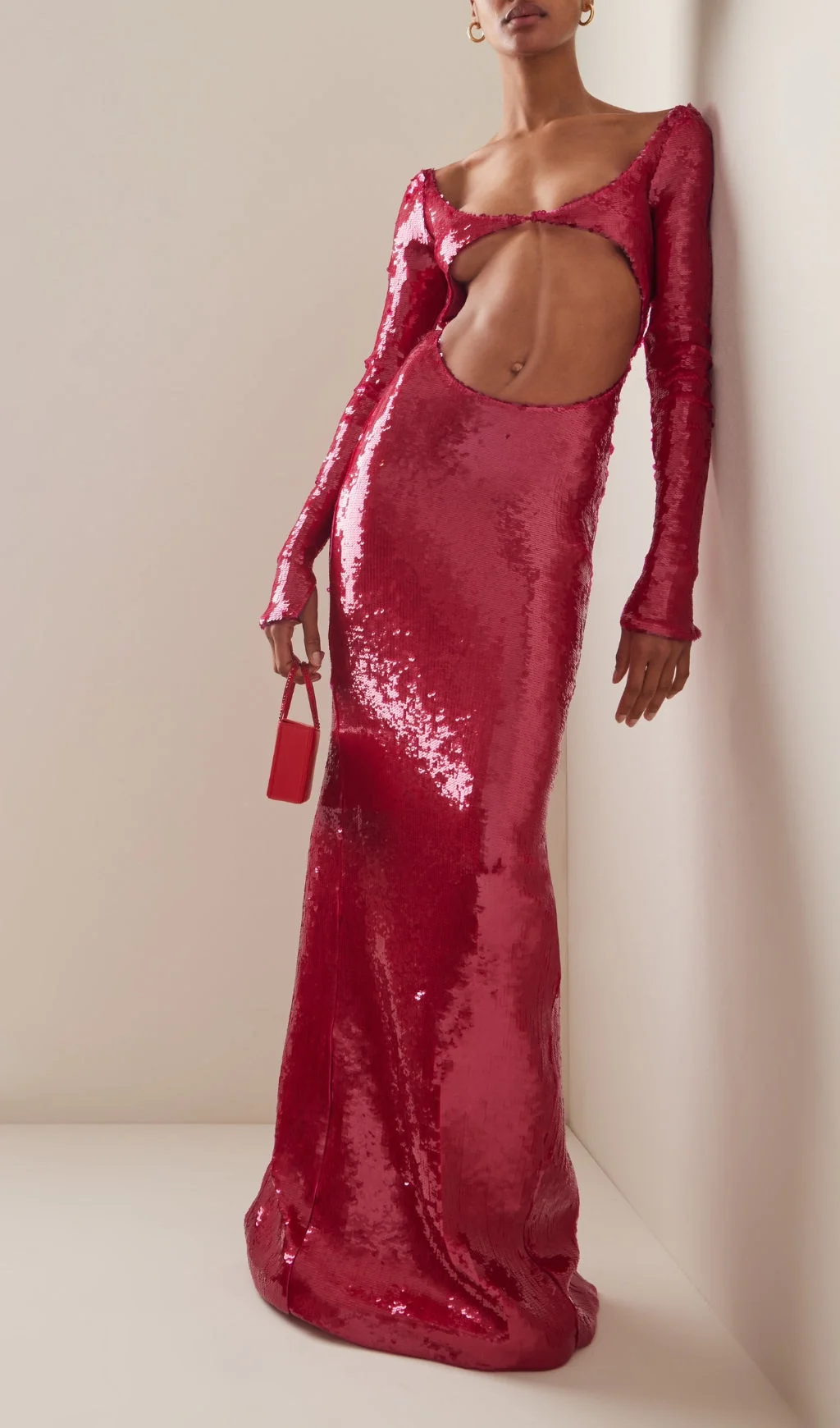 Red Sequin Embroidered Cutout Maxi Dress