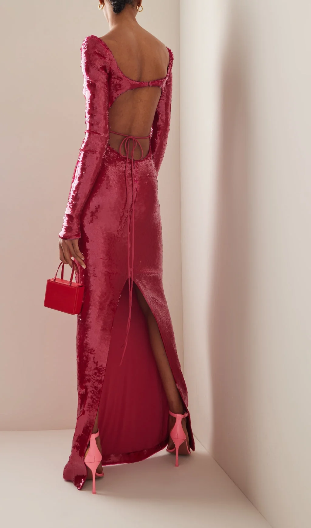 Red Sequin Embroidered Cutout Maxi Dress
