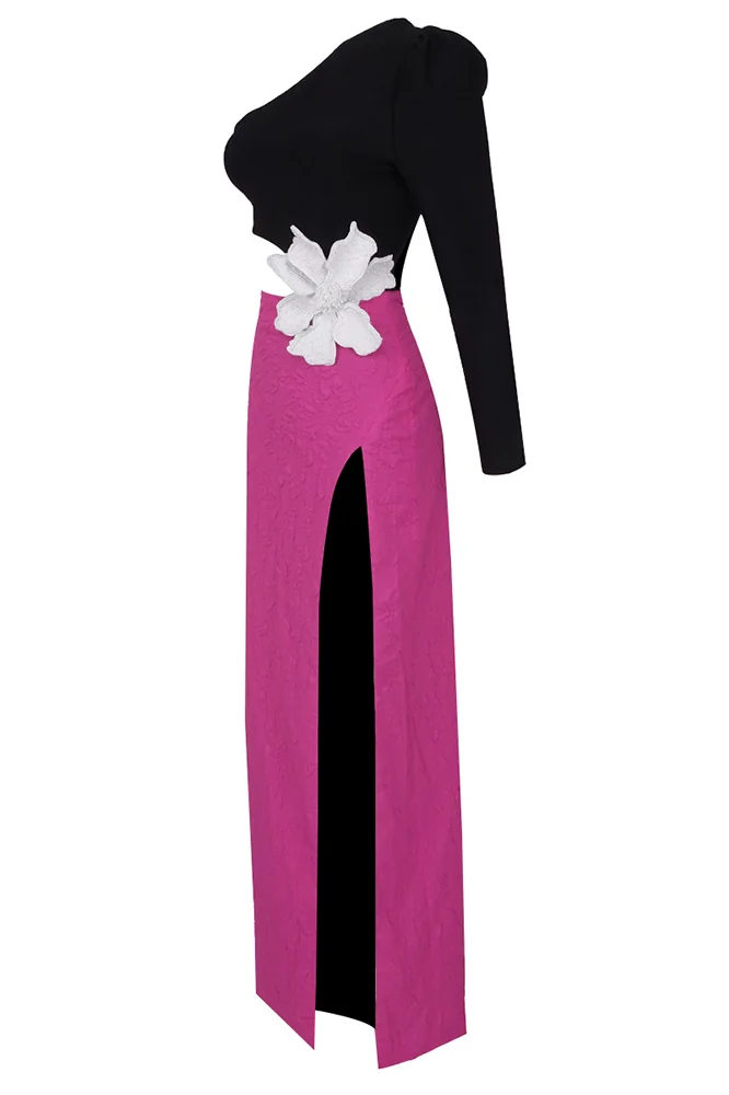 Colorblock Floral One-Shoulder Bandage Maxi Dress