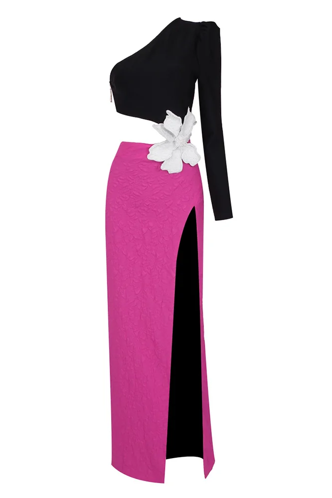 Colorblock Floral One-Shoulder Bandage Maxi Dress