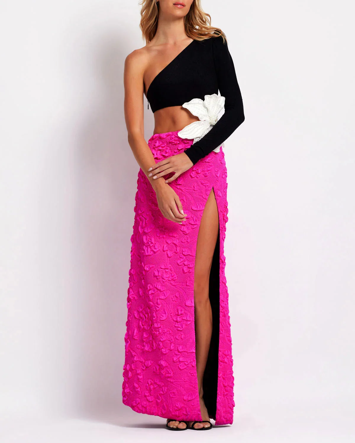 Colorblock Floral One-Shoulder Bandage Maxi Dress