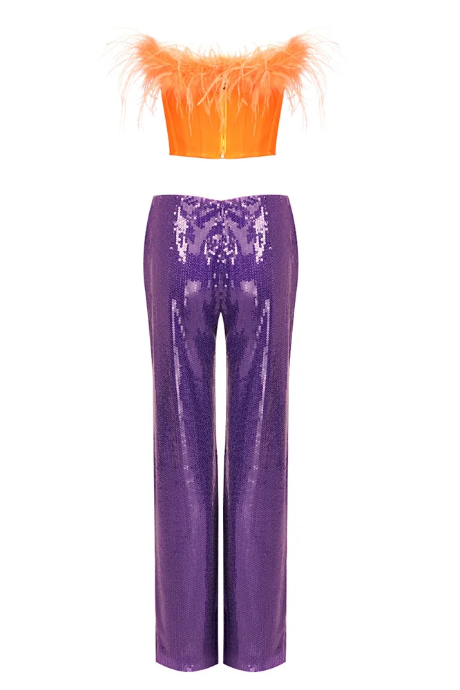 Orange Feather and Purple Sequined Trousers Set - Juhan Style
