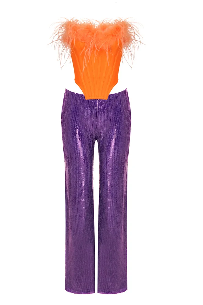 Orange Feather and Purple Sequined Trousers Set - Juhan Style