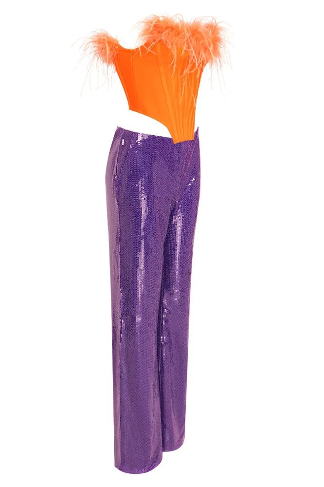 Orange Feather and Purple Sequined Trousers Set - Juhan Style