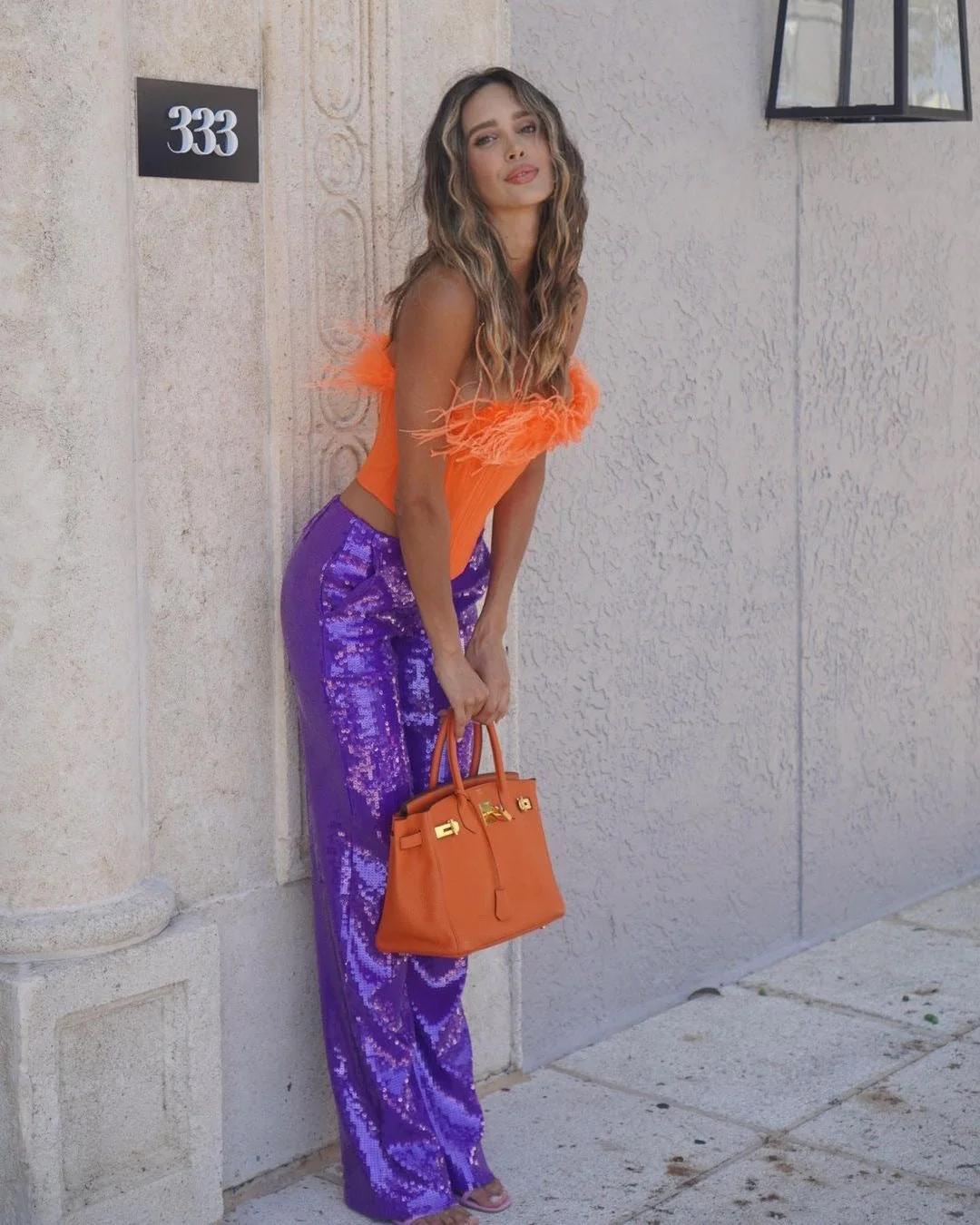 Orange Feather and Purple Sequined Trousers Set - Juhan Style
