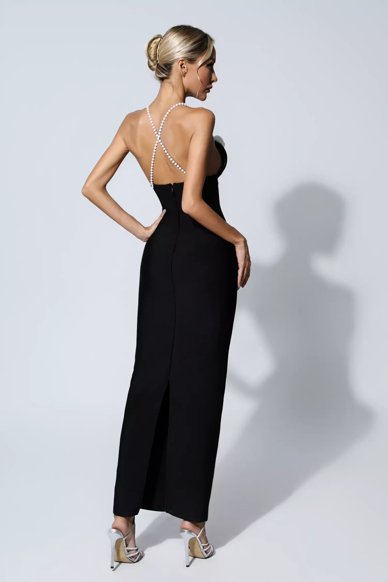 Black Floral Bandage Dress with Pearl Straps