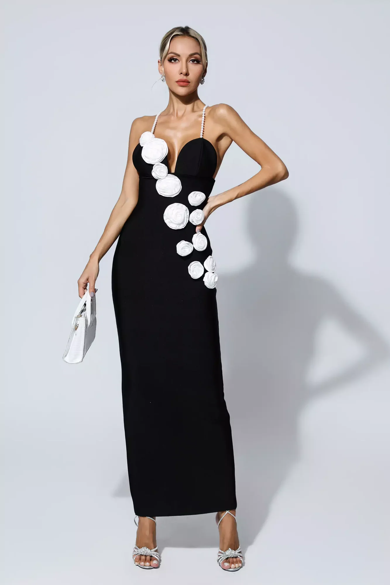 Black Floral Bandage Dress with Pearl Straps