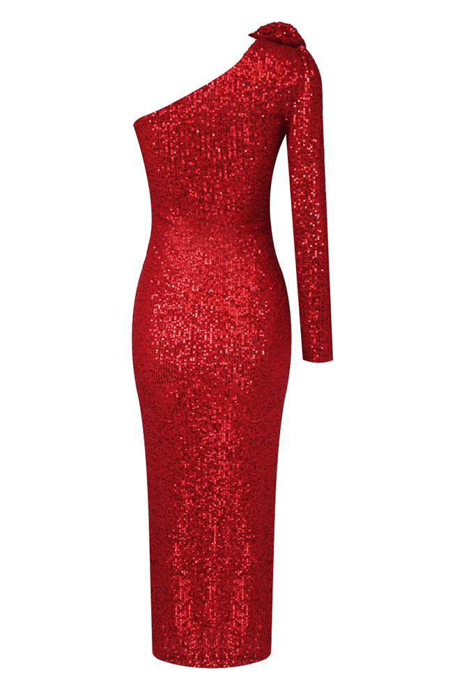 Red Sequin One-Shoulder Maxi Dress | Elegant Floral Design