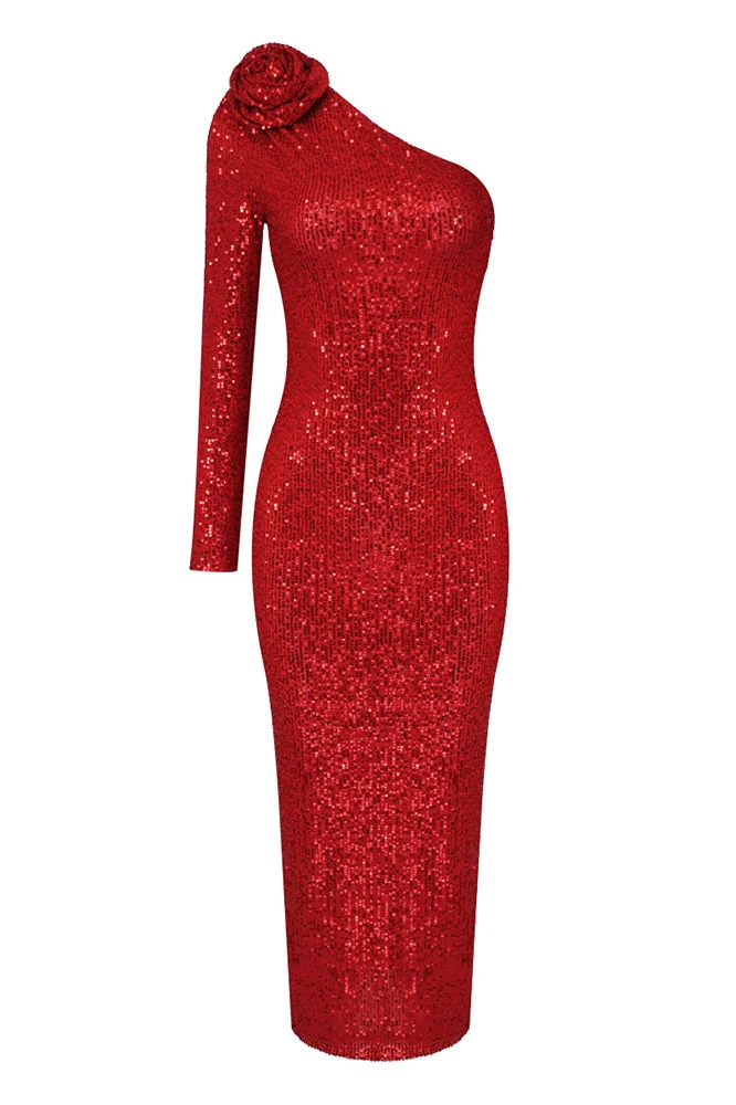 Red Sequin One-Shoulder Maxi Dress | Elegant Floral Design
