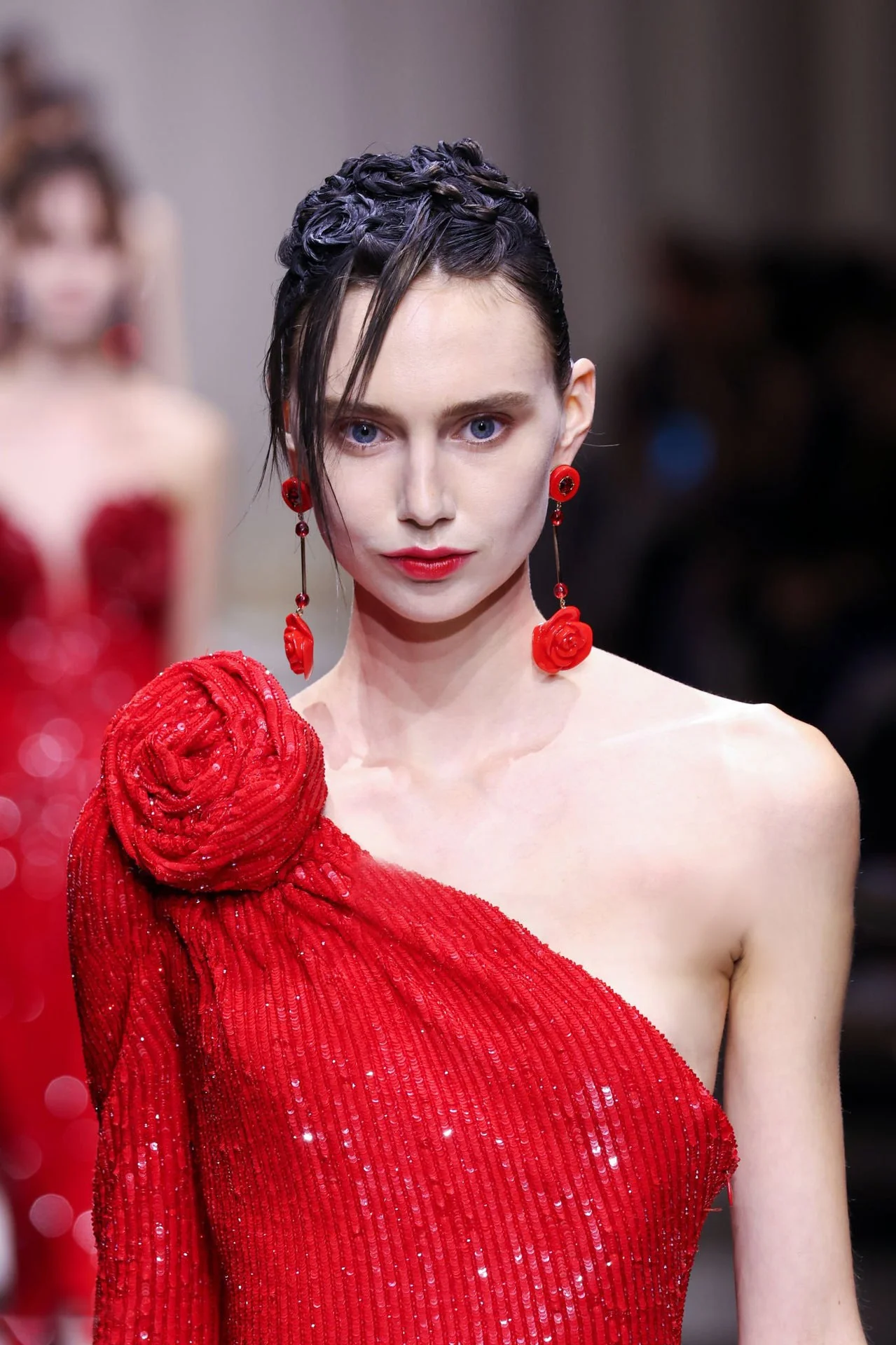 Red Sequin One-Shoulder Maxi Dress | Elegant Floral Design