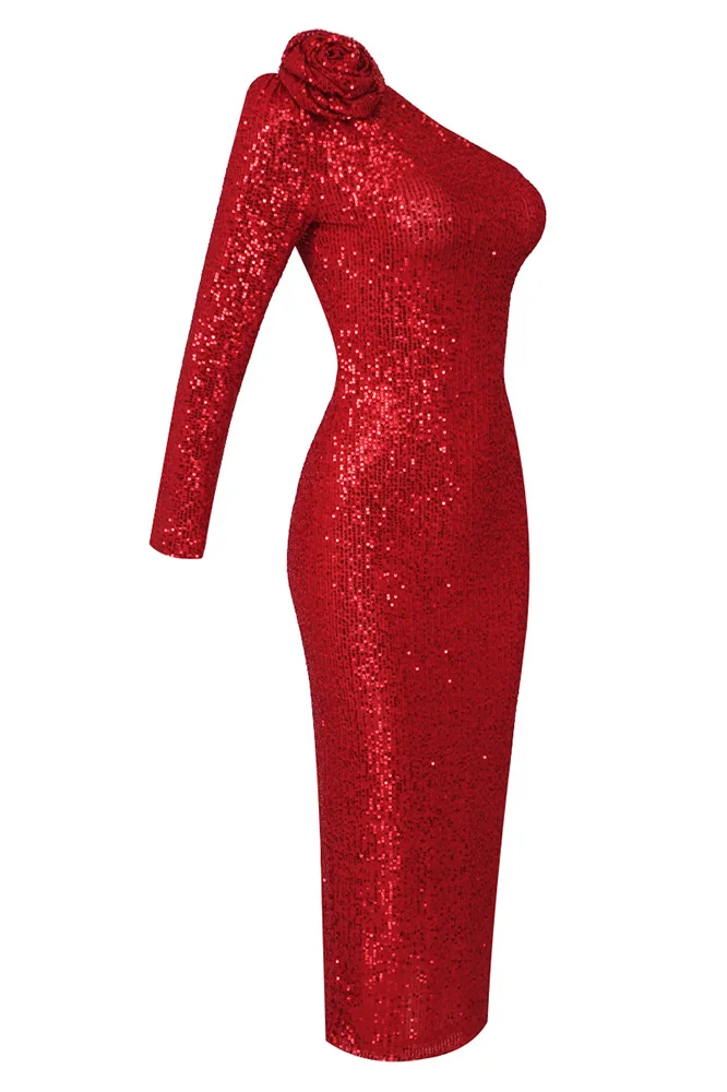 Red Sequin One-Shoulder Maxi Dress | Elegant Floral Design
