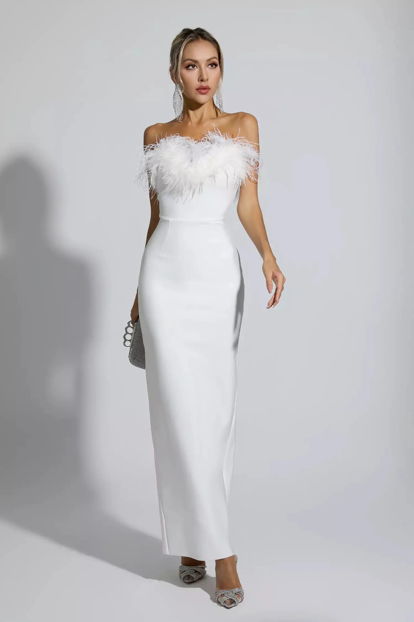 White Feather Tassel Maxi Dress - Elegant Strapless Bandage Design