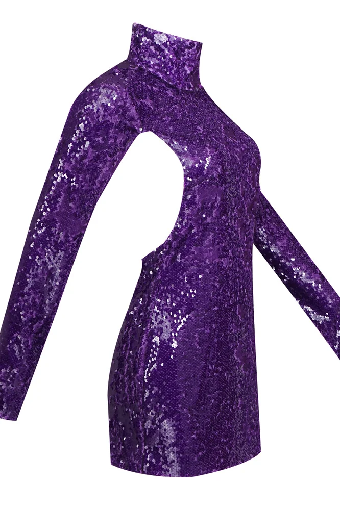 Purple Sequin Backless Long Sleeve Mini Dress