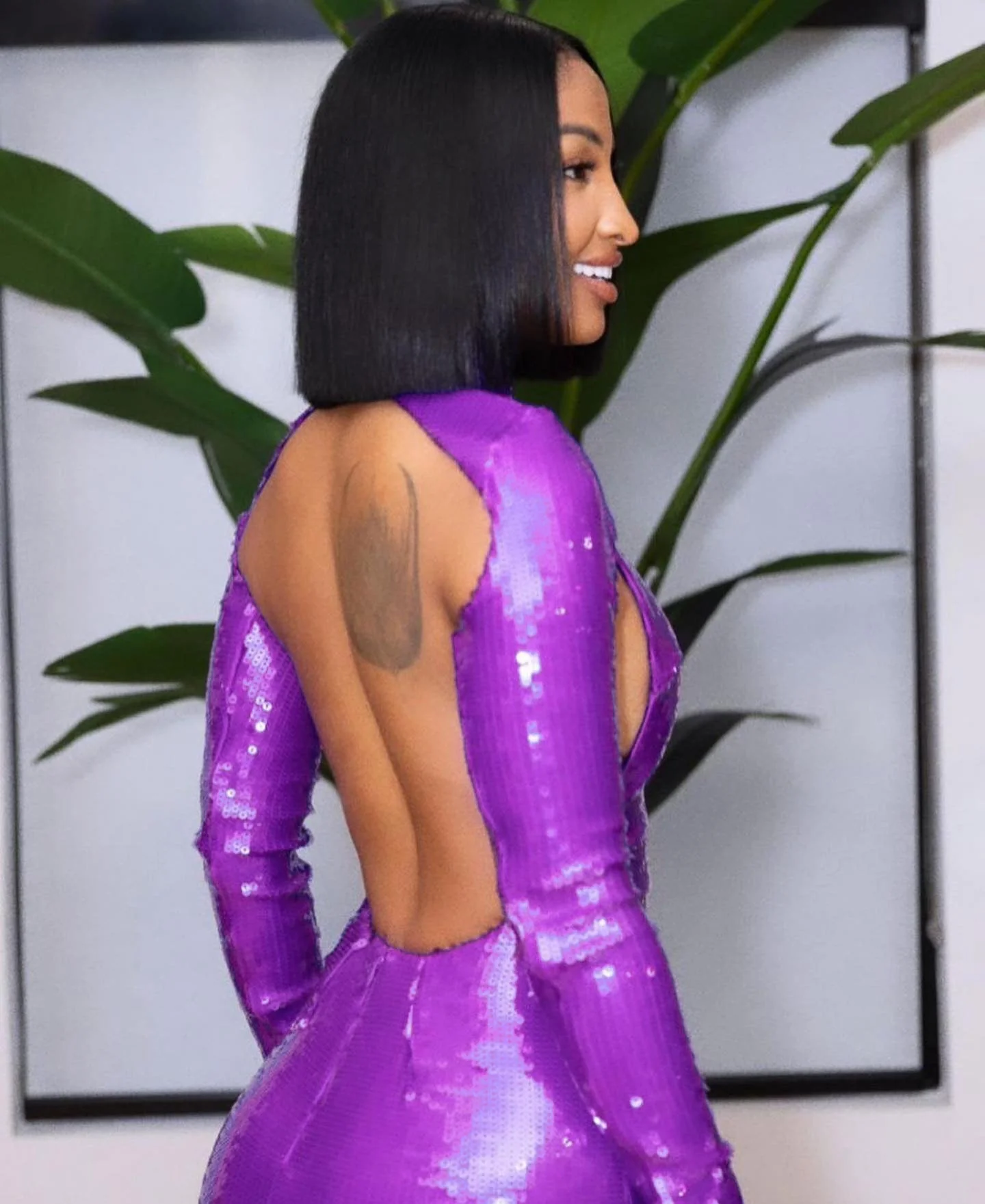Purple Sequin Backless Long Sleeve Mini Dress