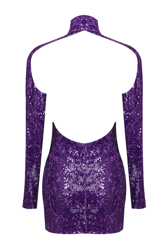 Purple Sequin Backless Long Sleeve Mini Dress