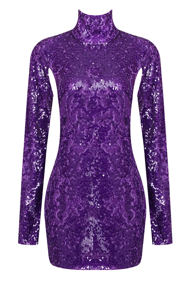 Purple Sequin Backless Long Sleeve Mini Dress