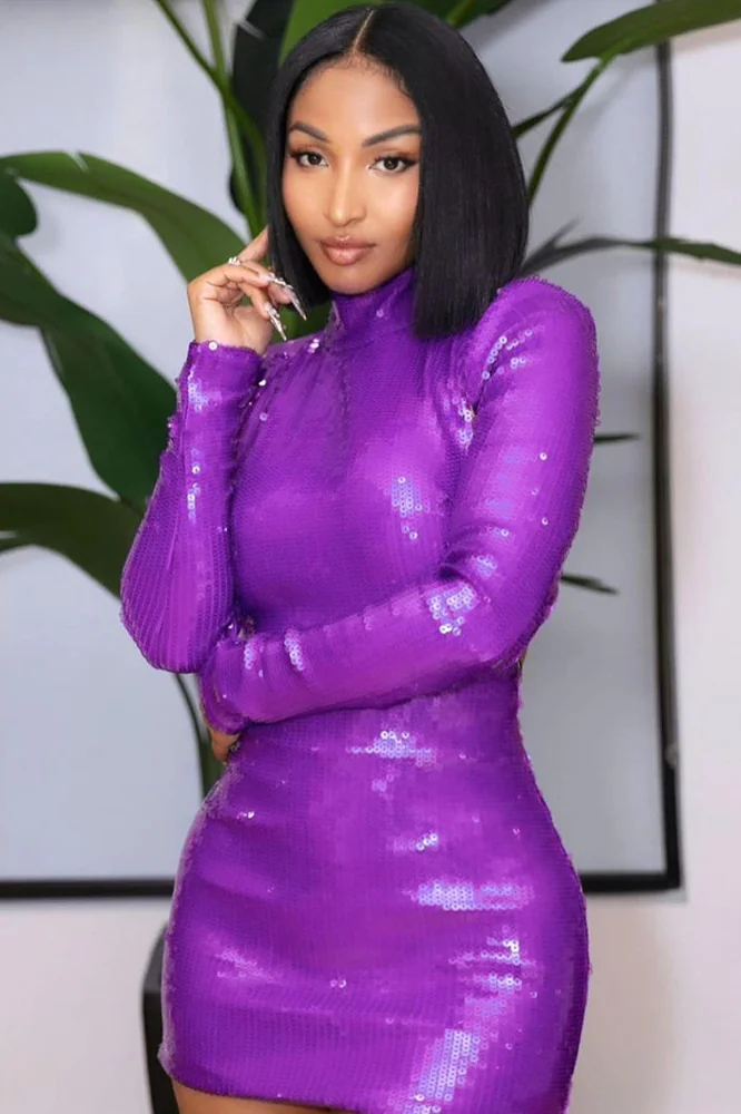 Purple Sequin Backless Long Sleeve Mini Dress