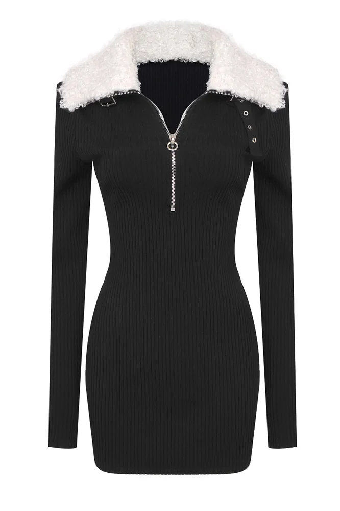 Zipper Bandage Wool Dress with Removable Faux Fur Collar