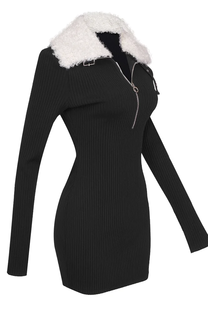 Zipper Bandage Wool Dress with Removable Faux Fur Collar