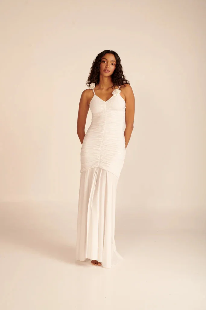 White Floral Maxi Dress with Rosette Appliqués