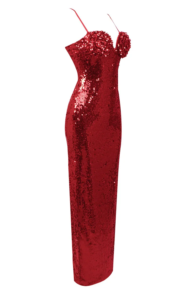 Red Sequin Floral Backless Maxi Dress - Elegant Christmas Style