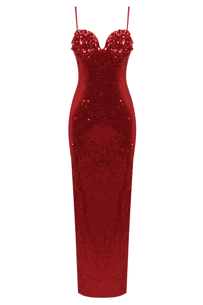 Red Sequin Floral Backless Maxi Dress - Elegant Christmas Style