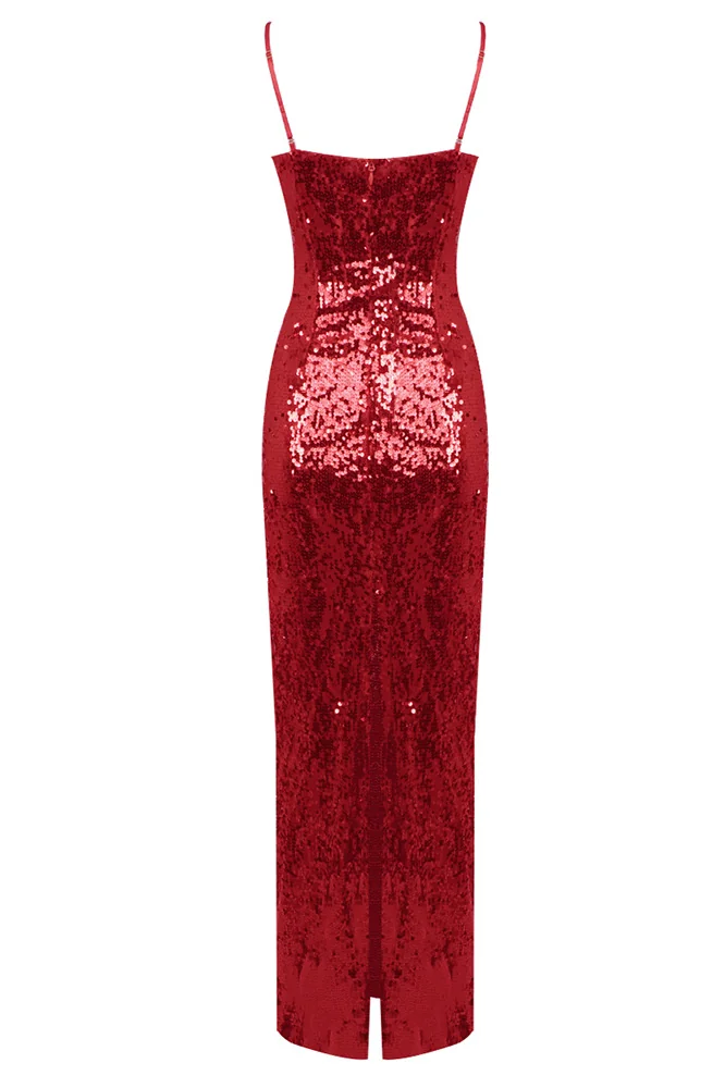 Red Sequin Floral Backless Maxi Dress - Elegant Christmas Style
