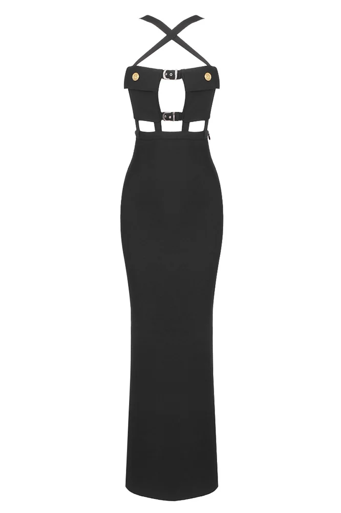Black Cross Halter Maxi Dress with Pockets