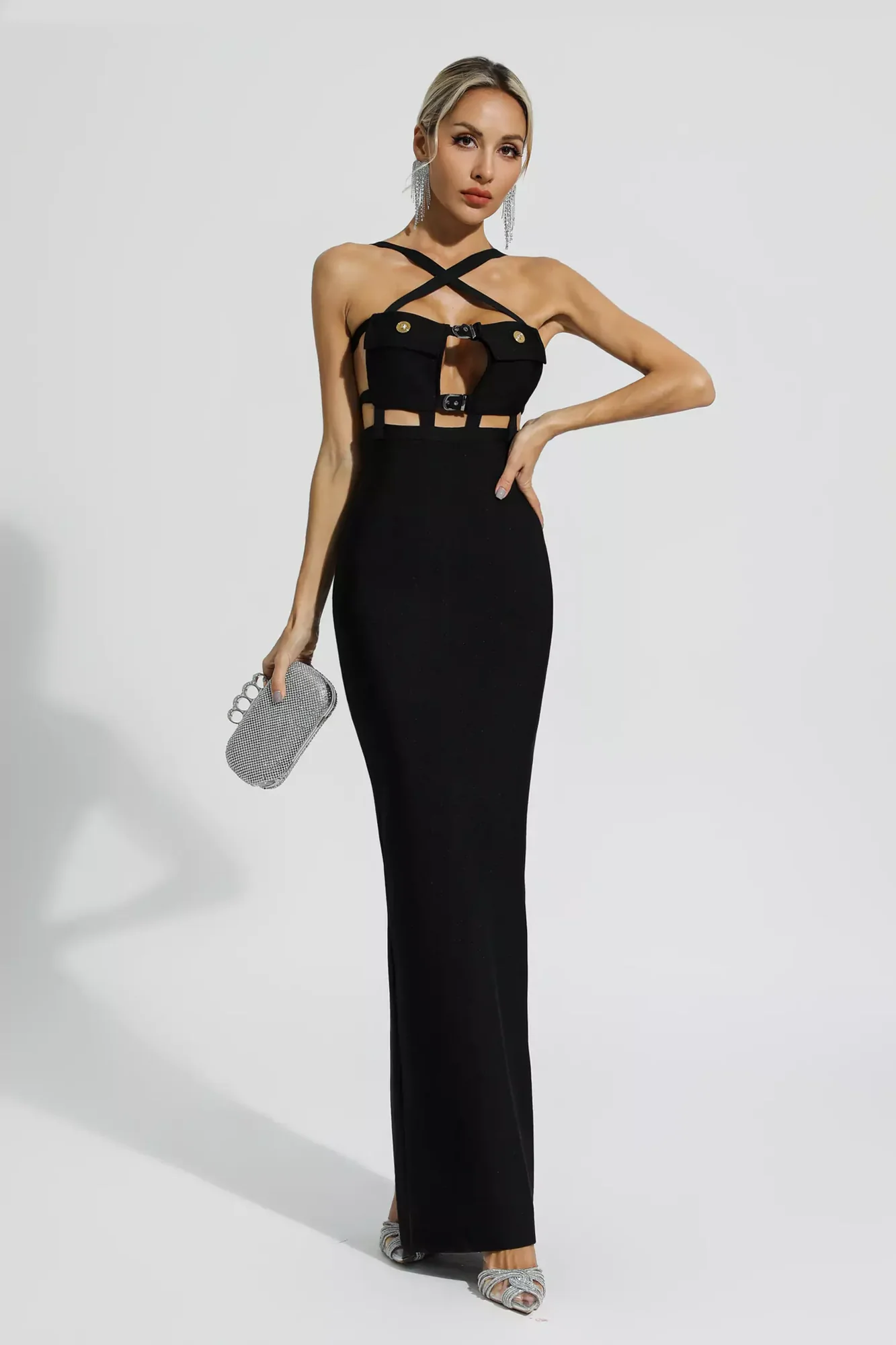 Black Cross Halter Maxi Dress with Pockets