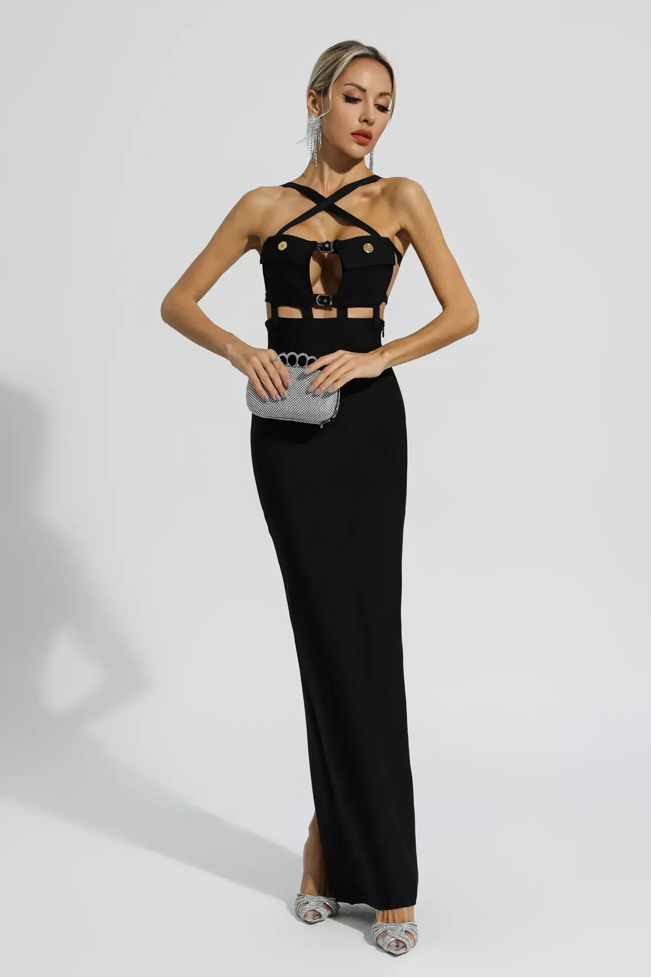 Black Cross Halter Maxi Dress with Pockets