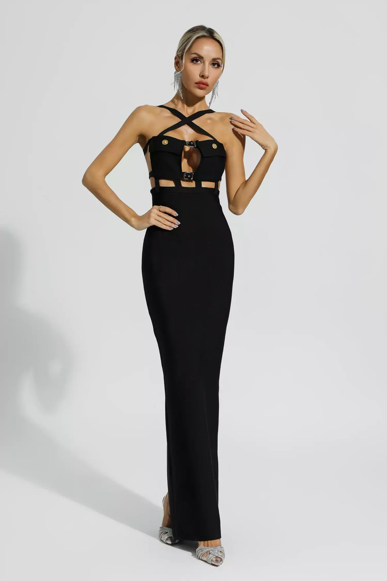 Black Cross Halter Maxi Dress with Pockets