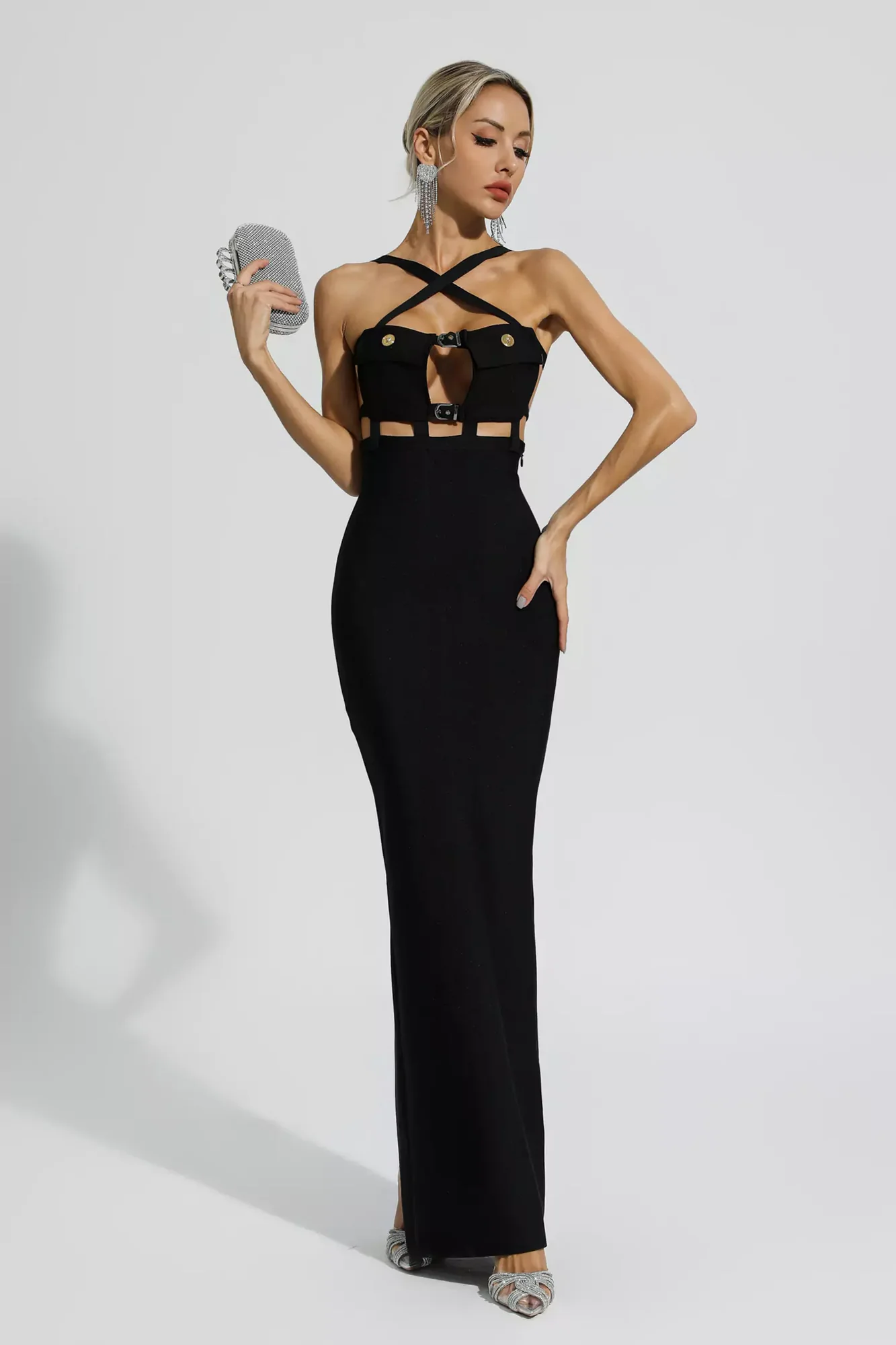 Black Cross Halter Maxi Dress with Pockets