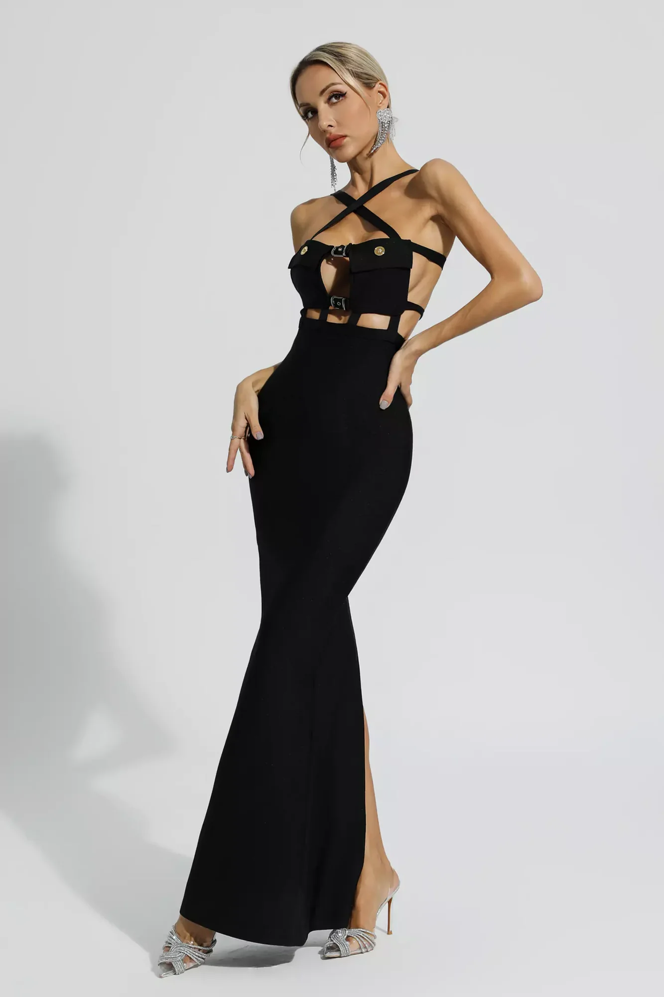 Black Cross Halter Maxi Dress with Pockets