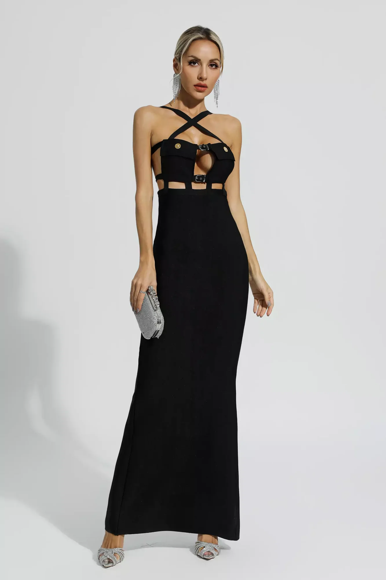 Black Cross Halter Maxi Dress with Pockets