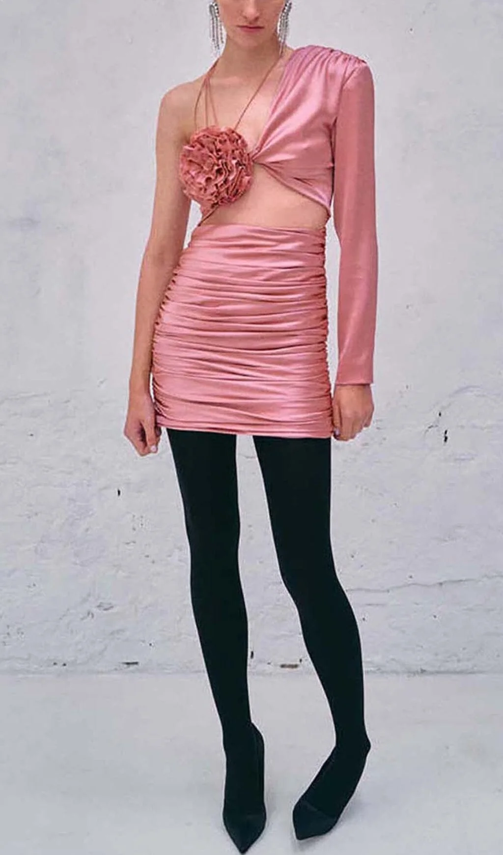 Pink Floral One Shoulder Satin Mini Dress