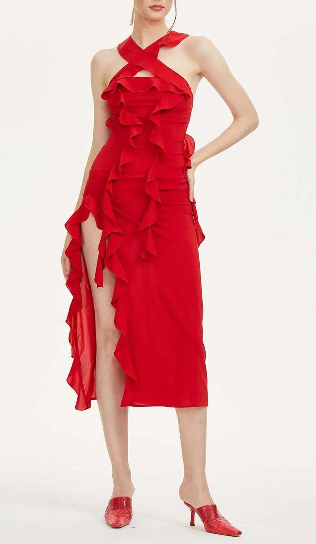 Strapless Ruffle Red Midi Dress with Built-in Shapewear