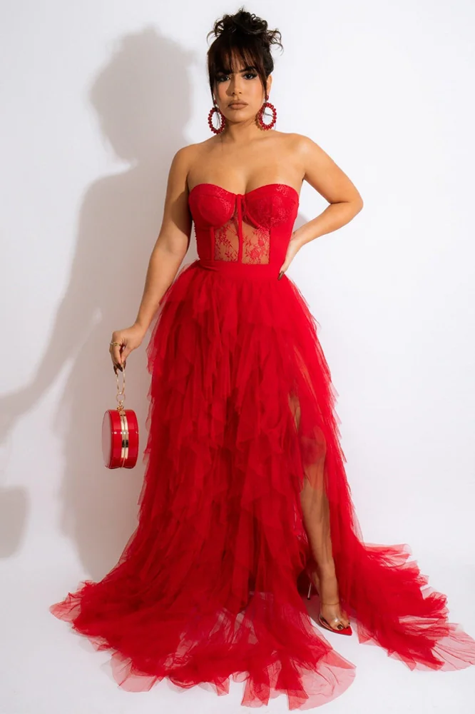 Red Strapless Tulle Maxi Dress - Elegant Evening Gown