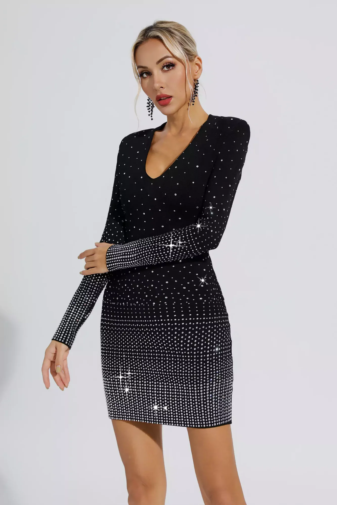 Black Diamond Embellished Mini Dress with Long Sleeves