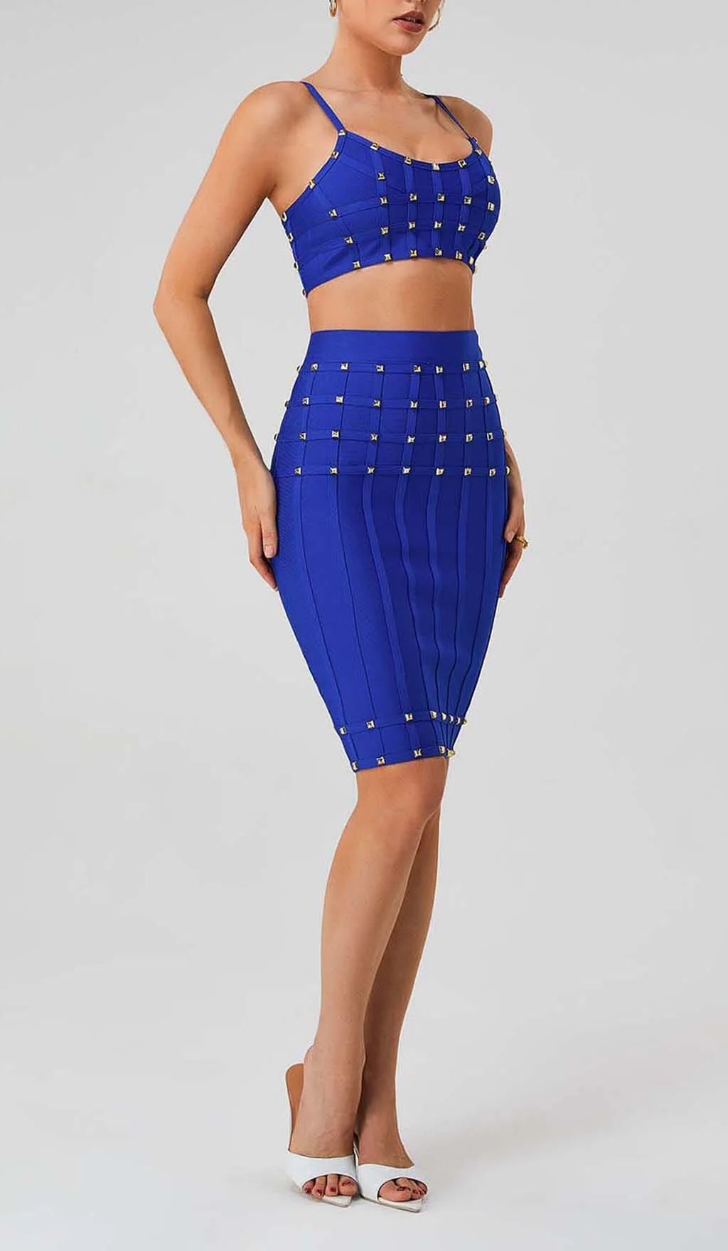 Blue Studded Strap Two Piece Dress Set