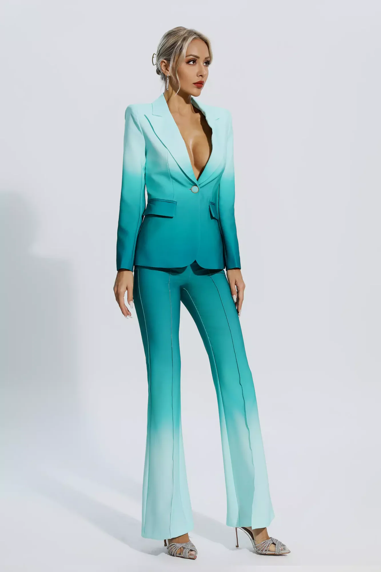 Elegant Green Gradient Suit Blazer & Trousers Set