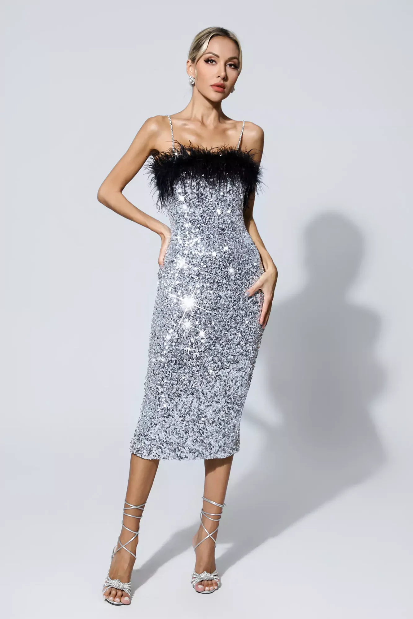 Black Sequin Feather Party Midi Dress