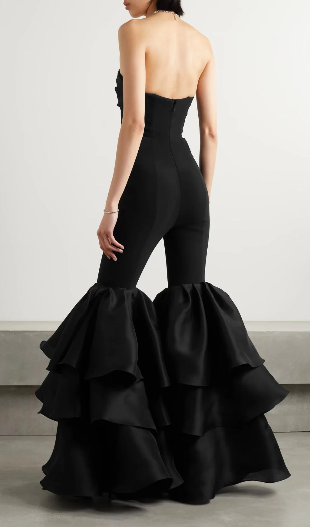 Black Strapless Jumpsuit with Tiered Ruffle Hem - Elegant Evening Dress