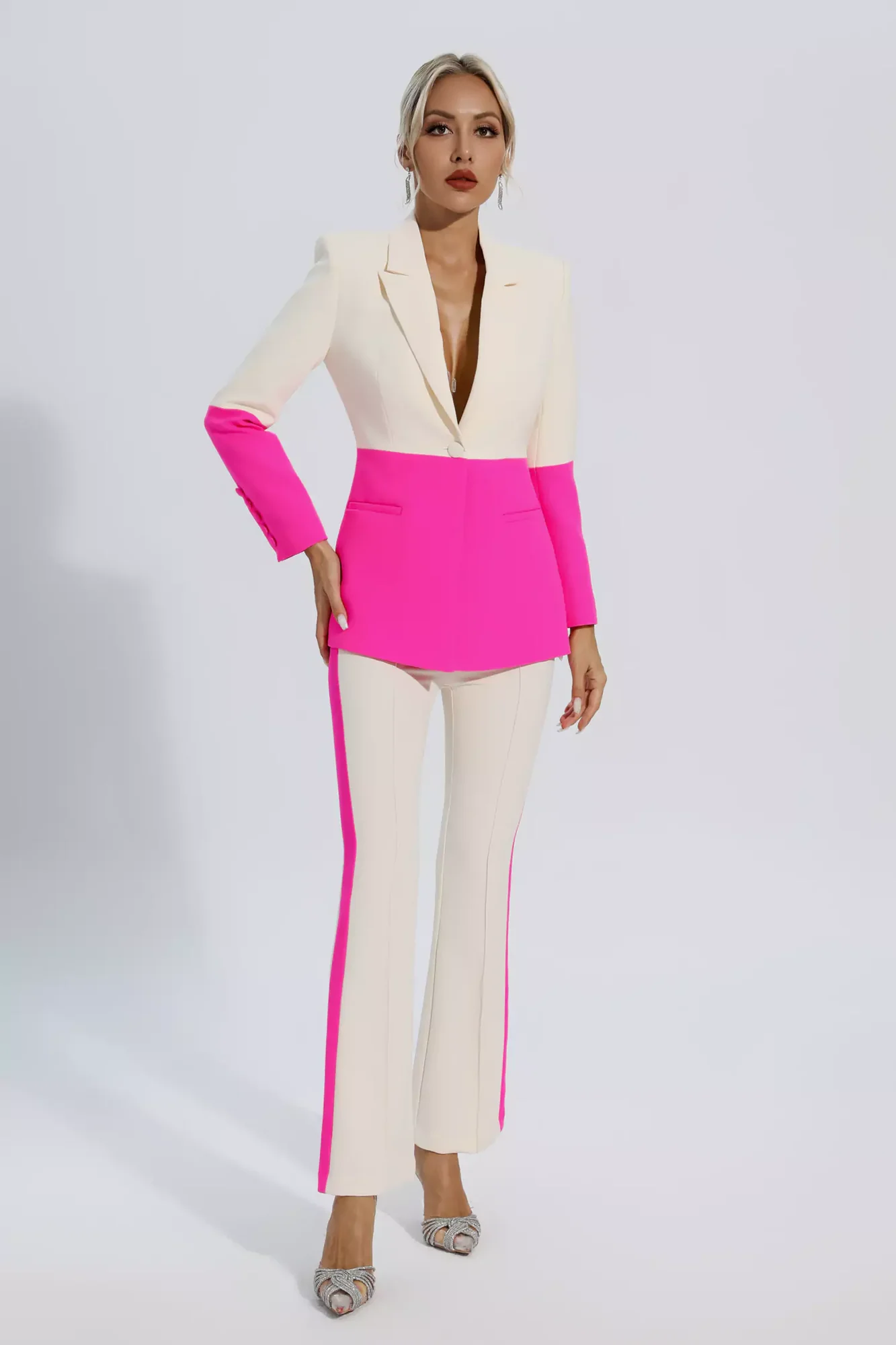 Chic Pink Patchwork Blazer and Flared Trousers Set