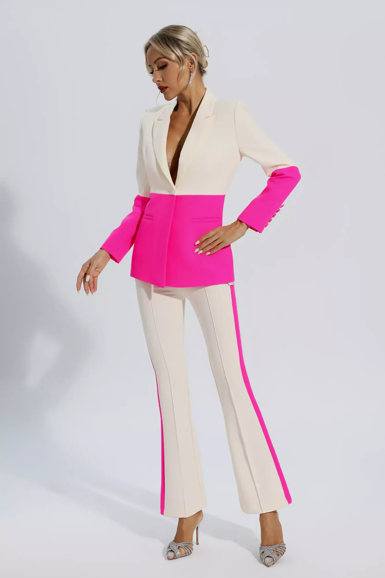 Chic Pink Patchwork Blazer and Flared Trousers Set